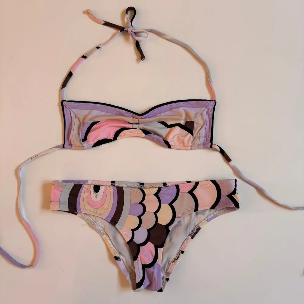 Emilio Pucci Y2K Print Luxury Halter Bikini Swim Bathing Suit Classic Print XS